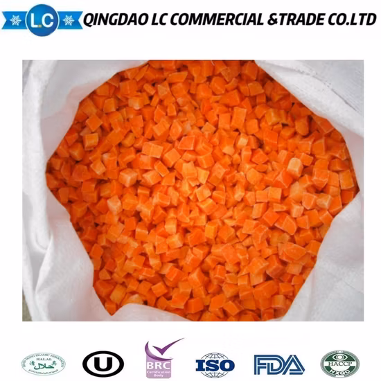 Calidad exportadora sazonada Precio al por mayor Verduras IQF Zanahoria congelada cortada en cubitos/rebanadas/tiras